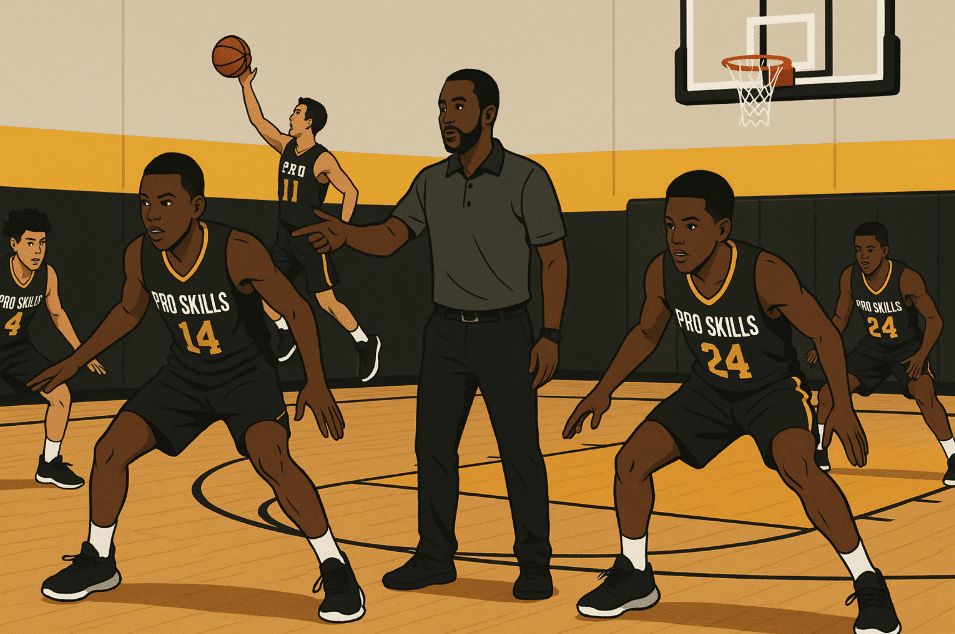 Youth basketball players doing layups and defensive slides during a pre-game warm-up with coach giving instructions